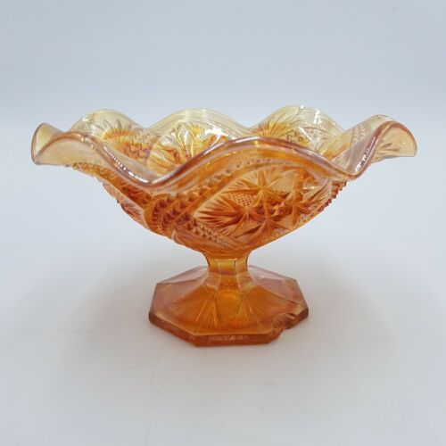 Vintage Carnival Glass Decorative Bowl - Orange Iridescent Finish 10cm x 17.5cm | Image 1
