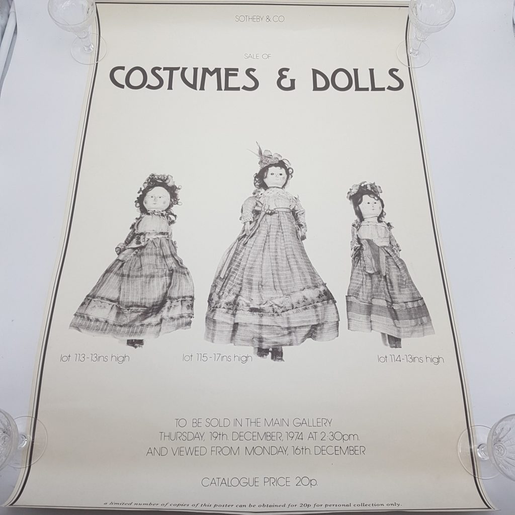 Vintage 1974 Sotherby & Co Auctioneers Costumes and Dolls Sale Poster | Image 1