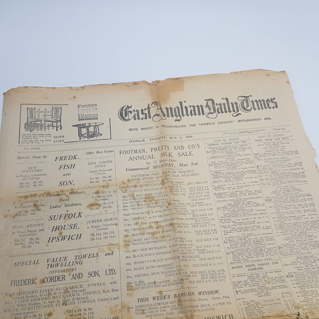 The East Anglian Daily Times Newspaper, Ipswich. May 4th, 1926 [Fair - Poor] Worn | Image 2