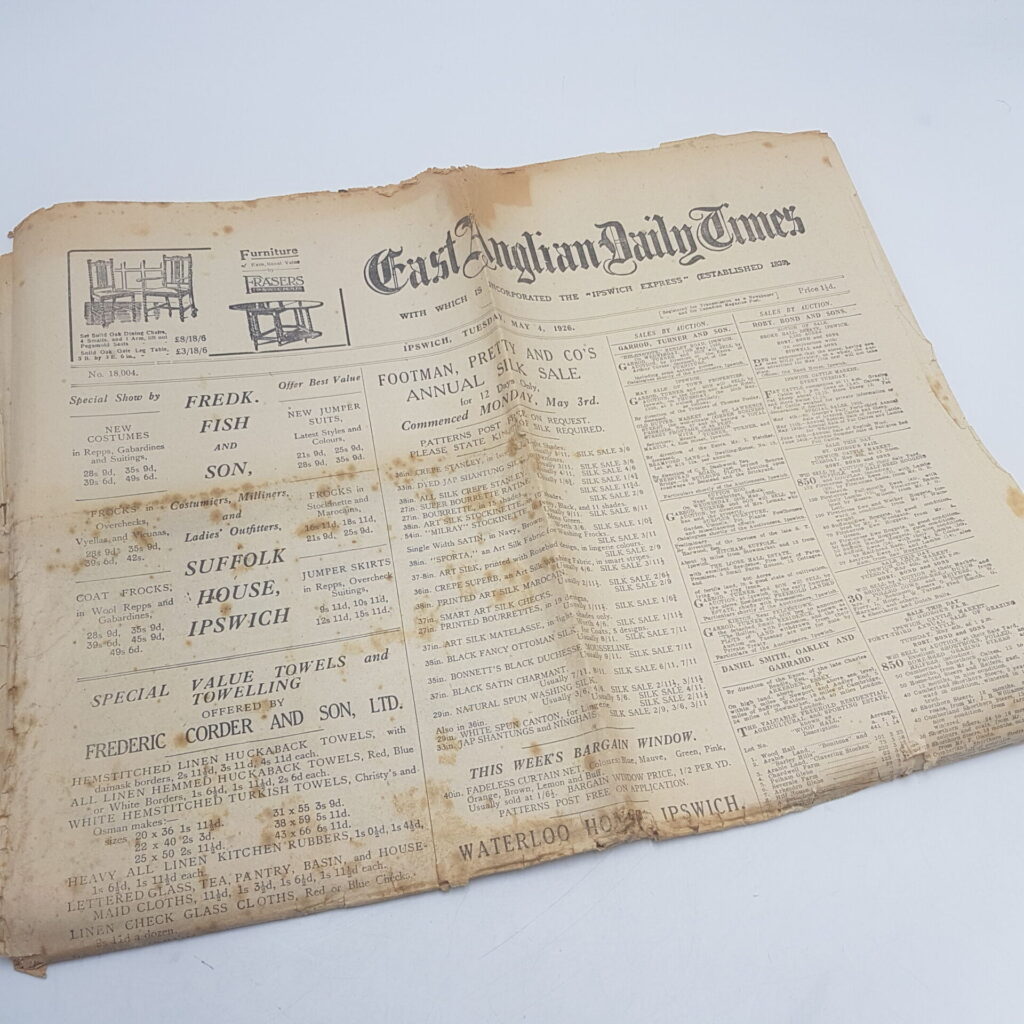 The East Anglian Daily Times Newspaper, Ipswich. May 4th, 1926 [Fair - Poor] Worn | Image 5