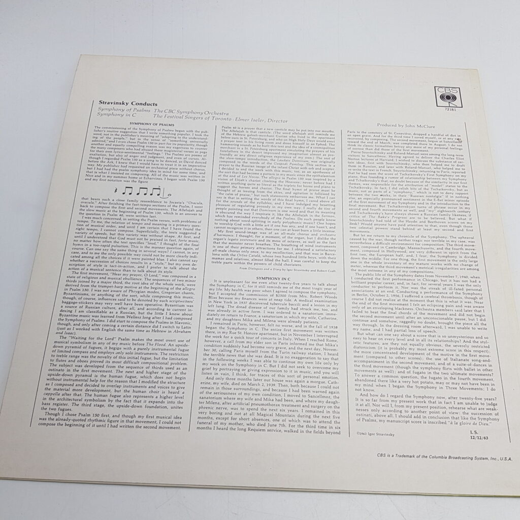 Stravinsky Conducts Symphony of Psalms in C [VG+] LP Vinyl CBS 72181 | Image 2