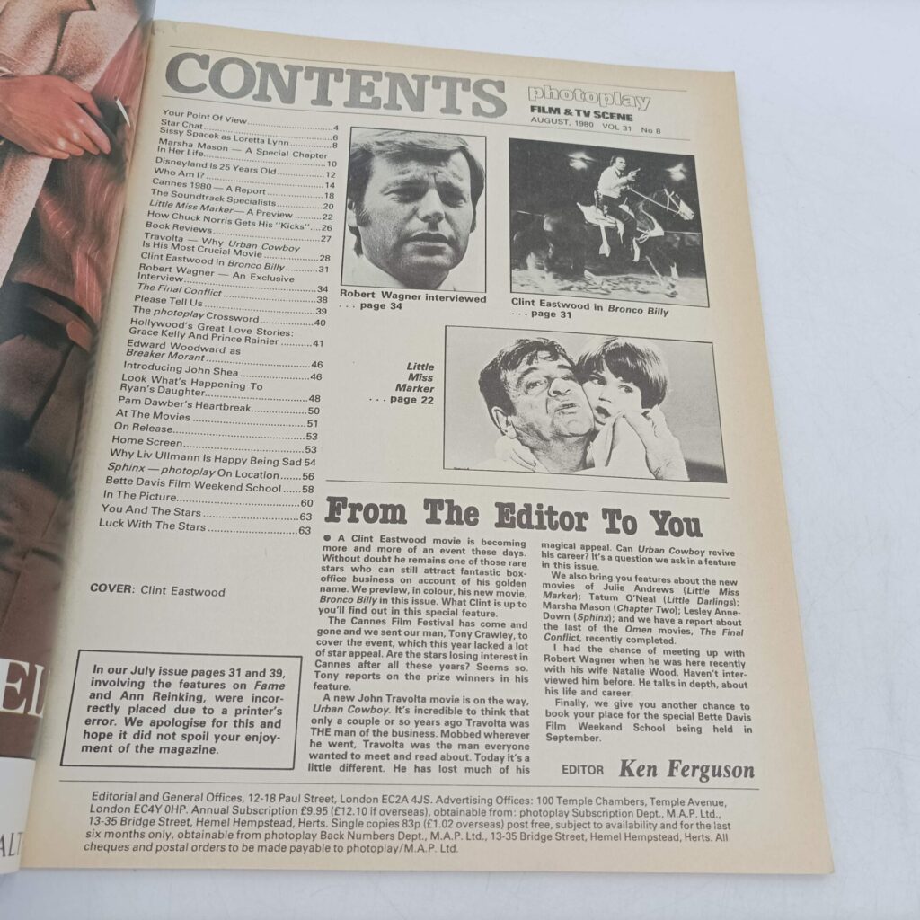 Photoplay Film & TV Scene Magazine August 1980 [Ex] Clint Eastwood Bronco Billy | Travolta | Image 2