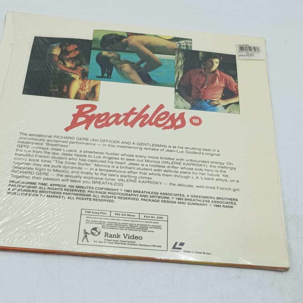 Breathless (1983) Pre-Cert Laserdisc [G+] Rank Video | Richard Gere, Valerie Kaprisky | Image 2